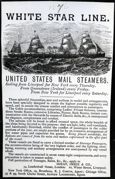 Anuncio de la White Star Line, 1876 (papel impreso) de English School
