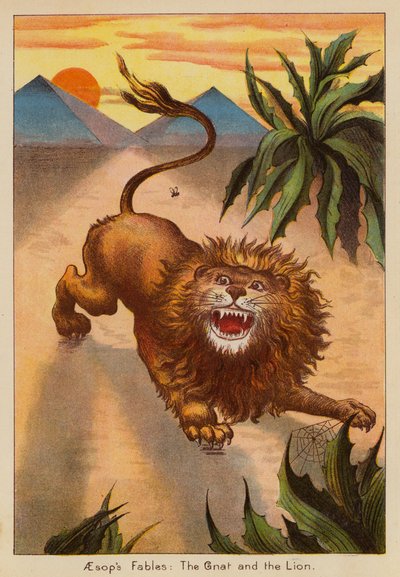 Fábulas de Esopo, El mosquito y el león (litografía en color) de English School