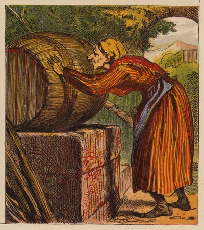 Fábulas de Esopo: La mujer y el tonel de vino (litografia en color) de English School