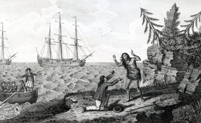 Entrevista conmovedora de dos hombres Mokito, ilustración tomada de los Viajes y Aventuras de Moore, 1778 de English School