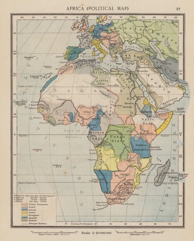África, Mapa político (litografía en color) de English School