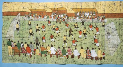 Batik africano que ilustra un partido de fútbol con multitudes viendo en las gradas de English School