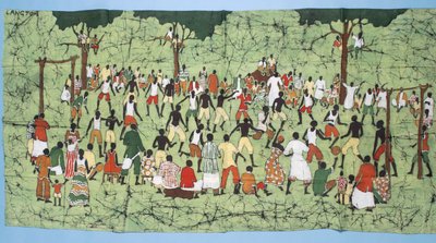 Batik africano, ilustrando un partido de fútbol con espectadores viendo de English School