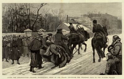 Después del asesinato, el coronel Dvorketsky, jefe de la policía, llevando al zar herido al Palacio de Invierno de English School