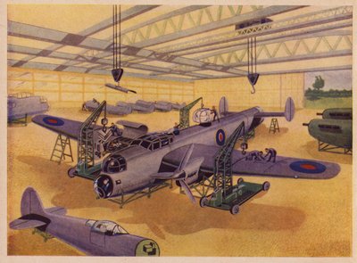 Fábrica de aviones (litografía en color) de English School