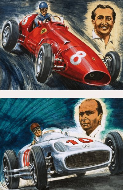 Alberto Ascari conduciendo un Maserati (arriba) y Juan Manuel Fangio conduciendo un Mercedes-Benz (abajo) de English School