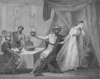 Alboin, Rey de los Lombardos, exigiendo que su esposa Rosamunda beba de su copa favorita, hecha del cráneo de su padre Cunimundo, Rey de los Gépidos de English School