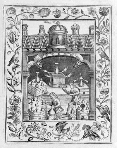 Laboratorio alquímico mostrando varias formas de hornos y recipientes, tomado de Theatrum Chemicum Britannicum por Elias Ashmole, 1652 de English School