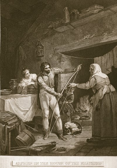 Alfred en la casa del pastor, ilustración de La Historia de Inglaterra de David Hume, pub. por R. Bowyer, Londres, 1812 de English School