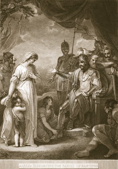 Alfred liberando a la familia de Hastings, ilustración de La Historia de Inglaterra de David Hume, pub. por R. Bowyer, Londres, 1812 de English School