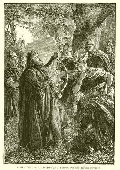 Alfredo el Grande, disfrazado de arpista, tocando ante Guthrum de English School