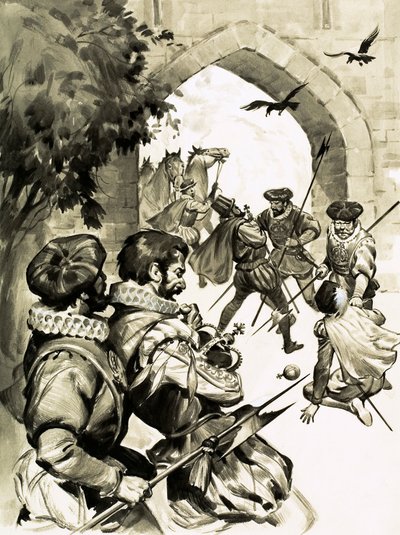 Todos los elaborados planes del Capitán Blood para robar la corona de Inglaterra no llegaron a nada (gouache sobre papel) de English School