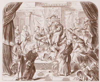Cuadro alegórico de Enrique VIII pisoteando al Papa Clemente, de una impresión antigua en el Museo Británico de English School