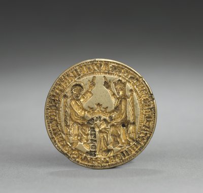 Sello en forma de almendra: Coronación de la Virgen con un monje arrodillado, 1300-1400 de English School