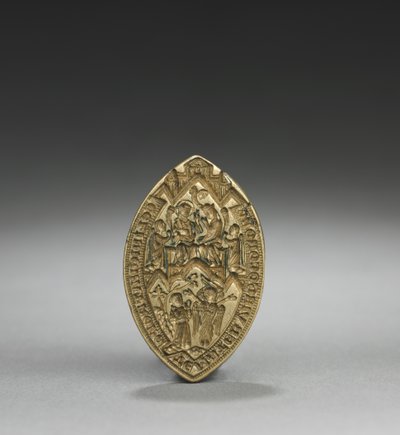 Sello en forma de almendra: Coronación de la Virgen con un monje arrodillado, 1300s de English School