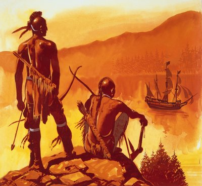 Indios americanos mirando el barco de los invasores de English School
