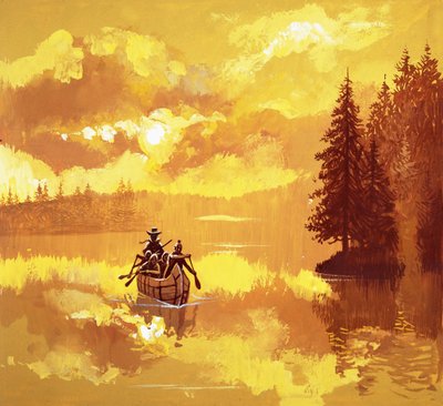 Indios americanos transportando a un hombre blanco en una canoa de English School