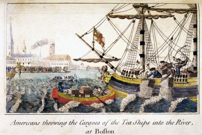 Americanos arrojando las cargas de los barcos de té al río, en Boston, de Historia de las Américas del Norte, pub. Londres de English School