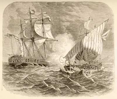 Un buque de la Marina estadounidense captura un barco pirata argelino frente a la costa de Berbería durante la Primera Guerra Berberisca (litografía) de English School