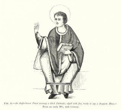 Un sacerdote anglosajón con dalmática negra, bordeada de piel, listo para decir una misa de réquiem (grabado) de English School