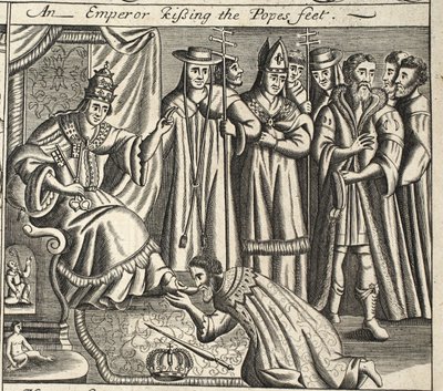 Un emperador besando los pies del Papa, ilustración de Hechos y Monumentos de John Foxe, novena edición, pub. 1684 de English School