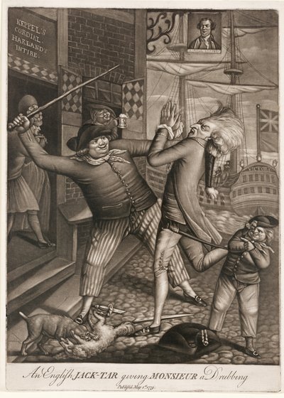 An English Jack-Tar Giving Monsieur a Drubbing, pub. 1779 (mezzotinta) de English School