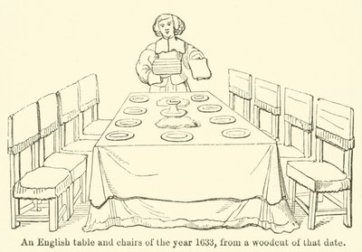 Mesa y sillas inglesas del año 1633, de un grabado en madera de esa fecha (grabado) de English School
