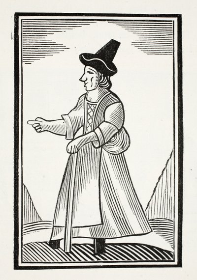 Una anciana regañando con un sombrero alto, ilustración de Chap-books del siglo XVIII de John Ashton, pub. 1882 de English School