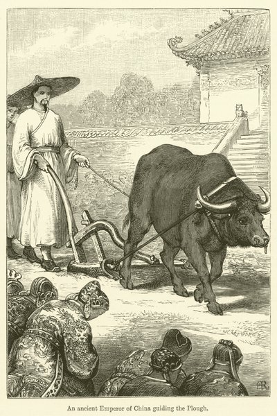 Un antiguo emperador de China guiando el arado (grabado) de English School