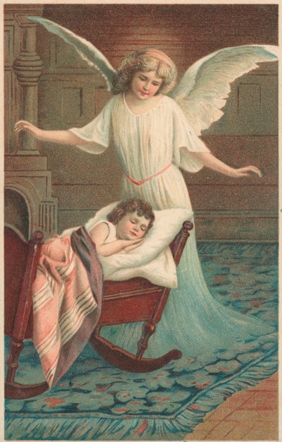 Un ángel de pie sobre un niño durmiendo en una cuna de English School