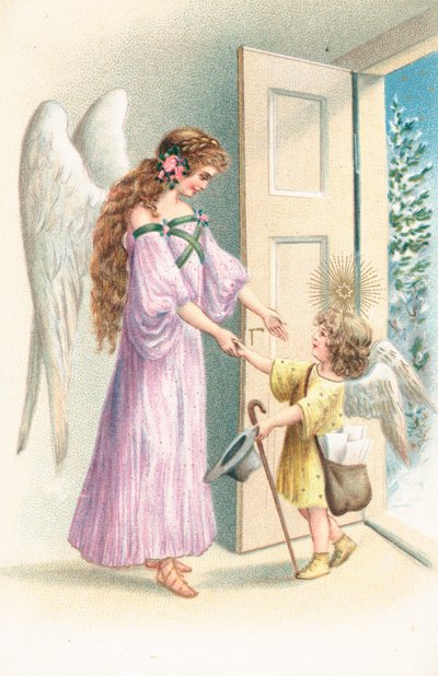 Un ángel junto a una puerta abierta dando la bienvenida a un querubín de English School