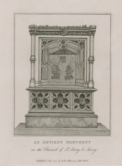 Un antiguo monumento en el presbiterio de St Mary le Savoy de English School