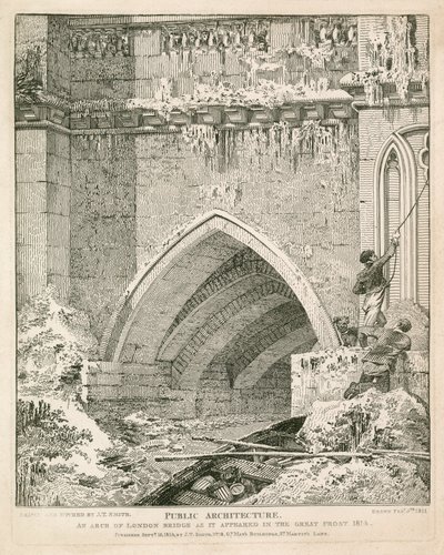 Un arco del viejo Puente de Londres como apareció en la Gran Helada, 1814 de English School