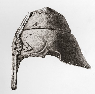 Un casco nasal de principios del siglo XII, de The British Army: Its Origins, Progress and Equipment, publicado en 1868. de English School