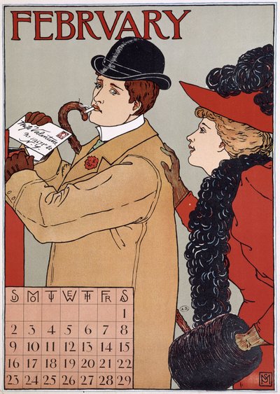 Una pareja elegante (hombre envía una carta), imagen de calendario inglés, mes de febrero, s.f. finales del siglo XIX de English School