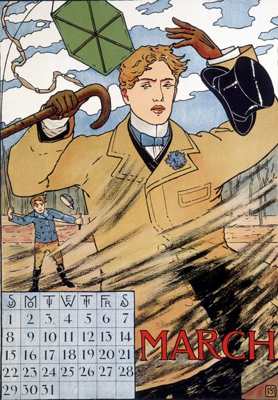 Un hombre elegante luchando contra el viento - imagen de calendario inglés, marzo, finales del siglo XIX de English School