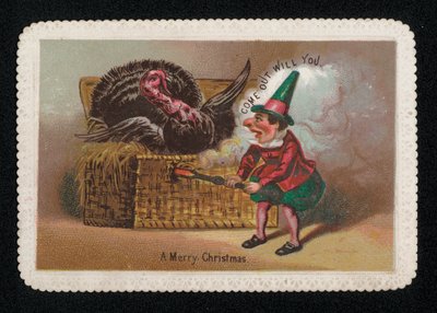Un elfo fumando un pavo fuera de una canasta, tarjeta de felicitación navideña de English School