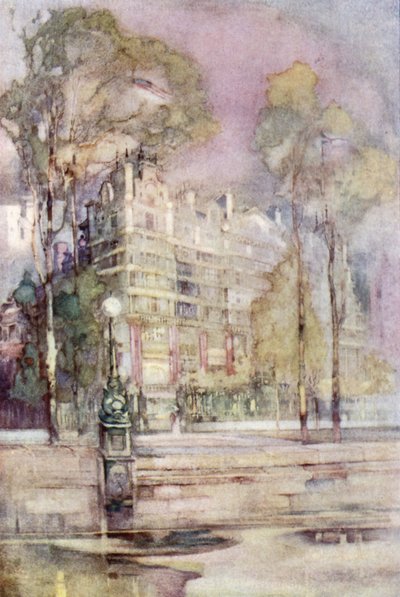 Una vista impresionista del frente del río del Hotel Savoy (litografía en color) de English School