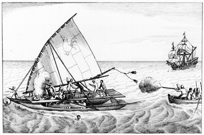 Un incidente durante la circunnavegación del mundo de Le Maire (c.1585-1616) y Schouten (c.1567-1625) en 1615-16, del Volumen II de Historia Cronológica de los Viajes y Descubrimientos en el Mar del Sur de English School