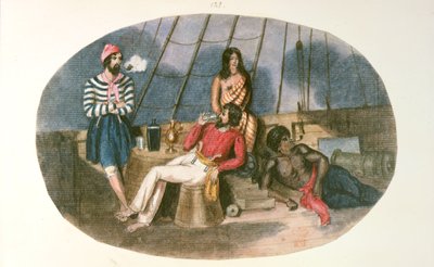 Un oficial y marinero con nativos a bordo de un barco, de 