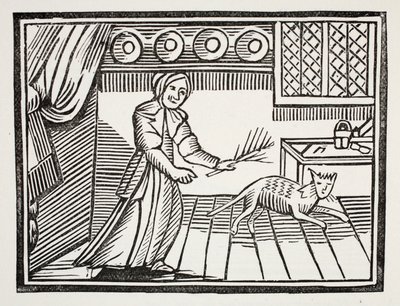 Una anciana azotando a su gato por cazar ratones en domingo, ilustración de Chap-books del siglo XVIII de John Ashton, pub. 1882 de English School