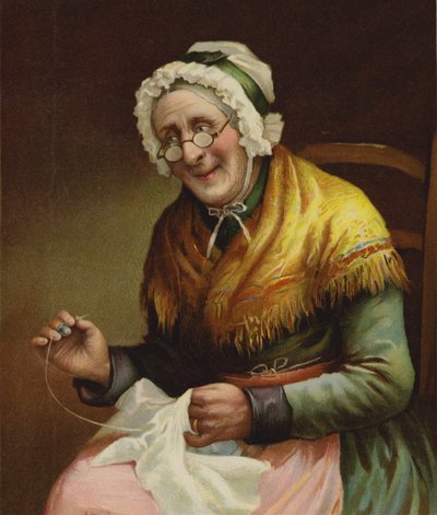Una anciana cosiendo para los pobres de English School