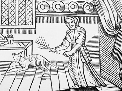 Una anciana azotando a su gato por cazar ratones en domingo, de una colección de chapbooks sobre esoterismo, siglos XIV-XVII de English School