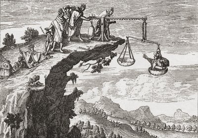 Un método inusual para arrancar confesiones a los criminales, según un dibujo del siglo XVI de Theodorus de Bry. La escena muestra al criminal sentado en la balanza de la injusticia mientras un sacerdote se asoma al precipicio dispuesto a recibir su confes de English School