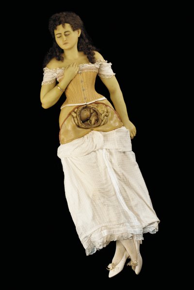 Modelo anatómico de una mujer embarazada (cera y textiles) de English School