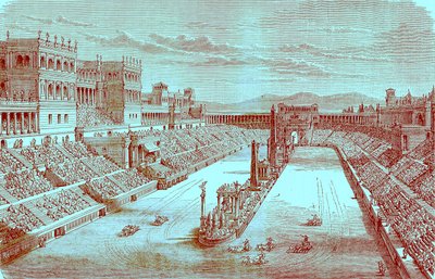 Antigua Arena Restaurada - Mostrando una Carrera de Carros, ilustración de The Illustrated History of the World, publicado c.1880 de English School