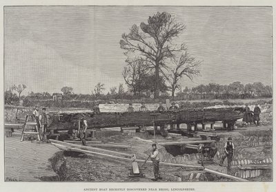 Barco antiguo descubierto recientemente cerca de Brigg, Lincolnshire (grabado) de English School