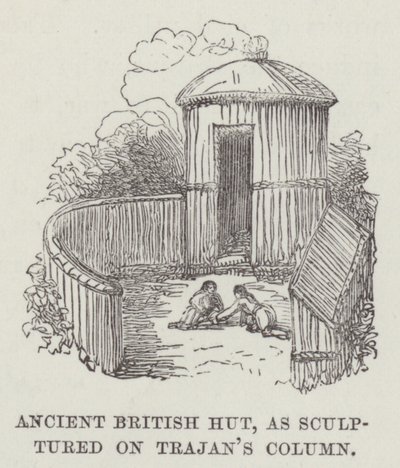 Cabaña británica antigua, esculpida en la Columna de Trajano (grabado) de English School