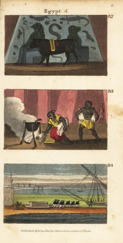 Ídolo egipcio antiguo Osiris como un buey, Omar el sarraceno quemando la biblioteca de Ptolomeo Sóter en 642, y las tropas de Napoleón llevándose la Tumba de Alejandro de English School