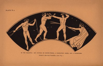 La educación en la Grecia antigua: En la palaistra: Niño poniéndose la correa de boxeo, una lección de pankration y un paidotribes (litografía) de English School